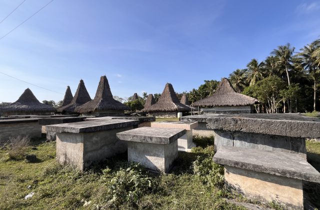 Several traditional Sumbanese houses with tall, conical thatched roofs stand among ancient stone tombs and green grass under a clear blue sky.