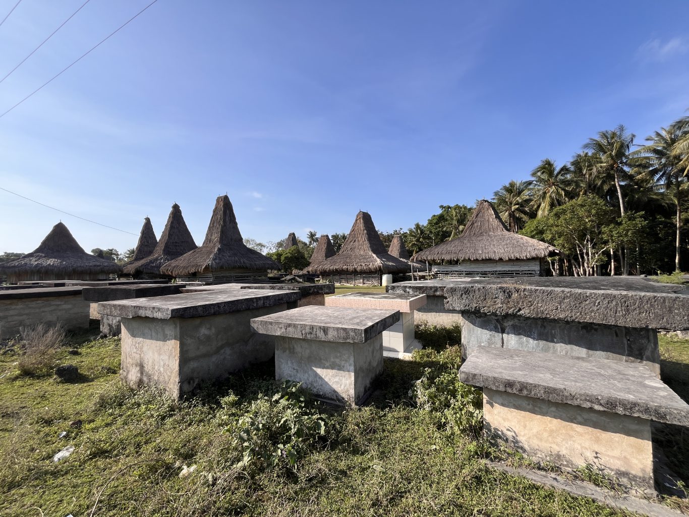 Several traditional Sumbanese houses with tall, conical thatched roofs stand among ancient stone tombs and green grass under a clear blue sky.