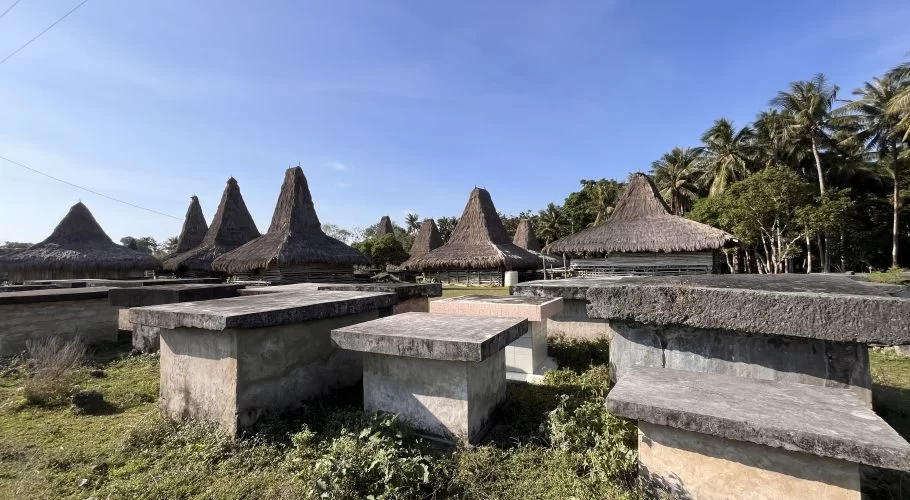 Several traditional Sumbanese houses with tall, conical thatched roofs stand among ancient stone tombs and green grass under a clear blue sky.