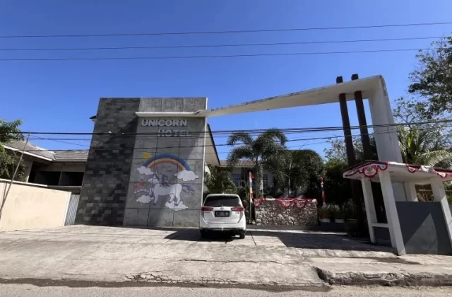 The Unicorn Hotel's grey facade features a colorful unicorn mural and a white car parked in front of its modern entrance under a clear blue sky.
