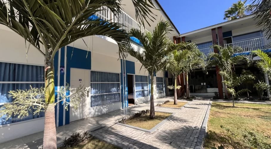 A two-story hotel building with white walls and blue accents stands under a clear sky, surrounded by palm trees and a paved garden path.