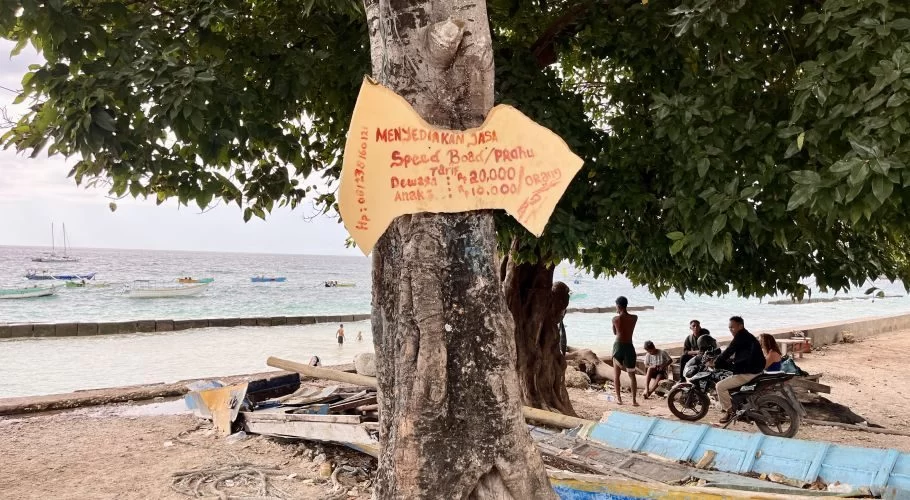 A yellow sign on a tree advertises speedboat rentals on Waikelo Beach, Sumba, with small boats in the turquoise sea and people on the sand.