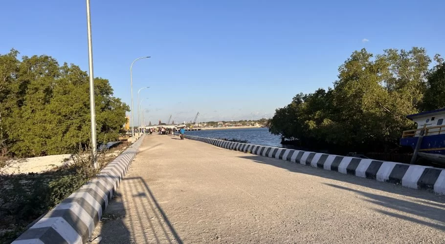 A concrete pier with striped barriers at Waingapu Ferry Port, flanked by green mangroves and blue water, leads to a dock with people and cranes.