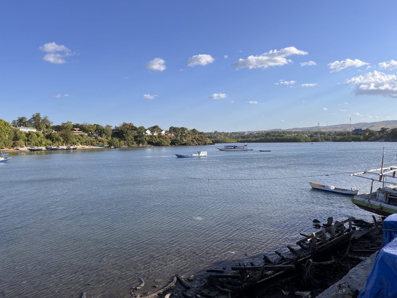 Small fishing boats dot the calm blue waters of Waingapu Old Port, with a lush green shoreline and distant hills under a bright blue sky.