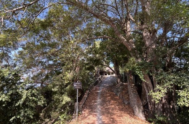 A shaded dirt path, flanked by dense green trees and foliage, leads uphill towards Waiwuang Bawah Village under a clear blue sky.