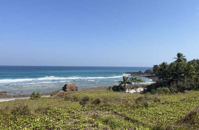 A clear blue sky overlooks a tranquil turquoise ocean with white waves breaking on Waiwuang Beach, featuring a small thatched hut, green vegetation, and palm trees.