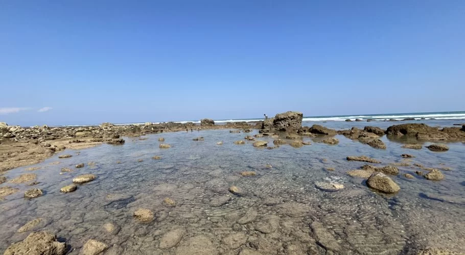 Rocky Waiwuang Beach features clear, shallow tide pools reflecting a bright blue sky, with waves breaking in the distance and a person on a rock.