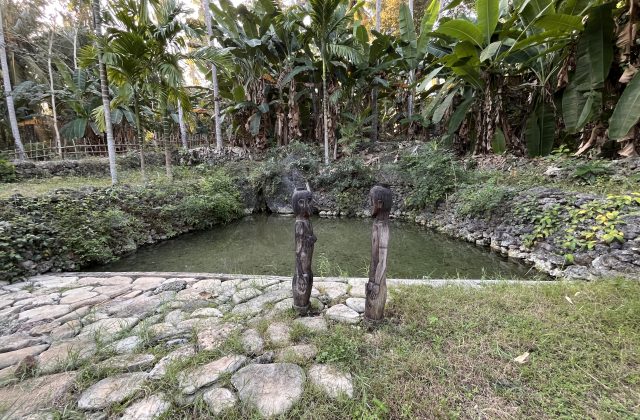 Two dark wooden statues of a male and female stand on a stone path beside a clear spring pool, surrounded by lush green tropical foliage.