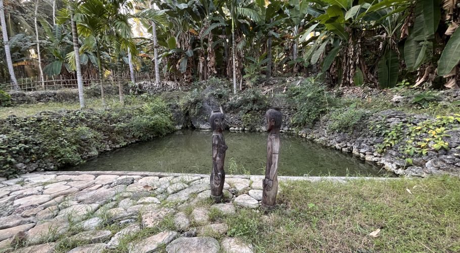 Two dark wooden statues of a male and female stand on a stone path beside a clear spring pool, surrounded by lush green tropical foliage.