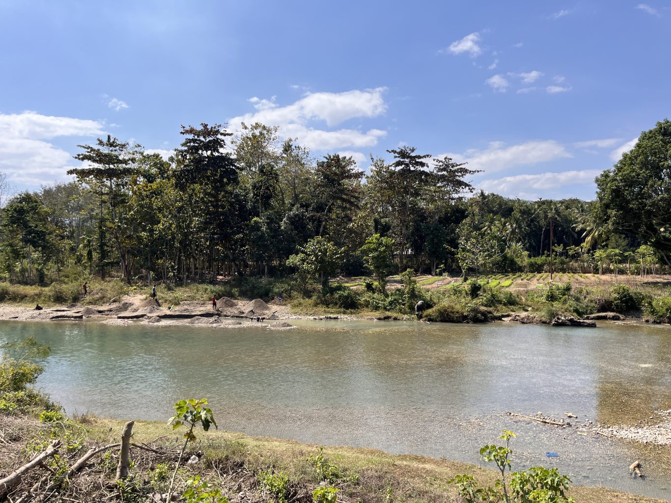 The wide Wanokaka River flows under a blue sky, with several people on its banks collecting stones amidst lush green trees and vegetation.