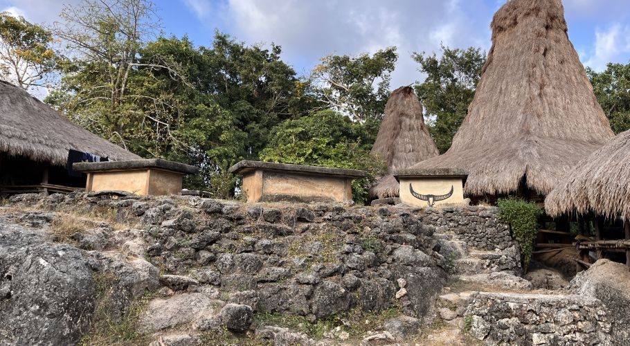 Traditional Sumba houses with tall thatched roofs and ancient stone megalithic tombs are nestled on a rocky hill, surrounded by lush trees.