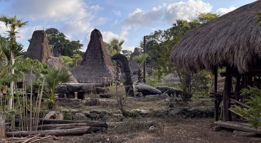Traditional Sumba houses with tall, conical thatched roofs stand among tropical trees and large stone megaliths under a partly cloudy sky in a village.