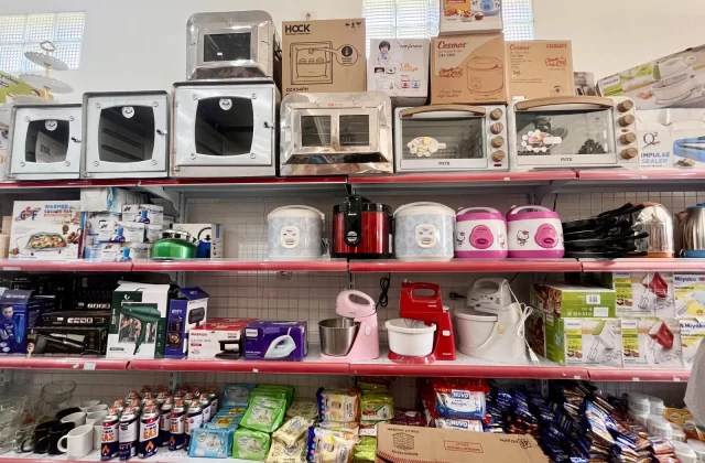 Brightly lit store shelves display a wide array of kitchen appliances, including silver ovens, colorful rice cookers, and stand mixers.