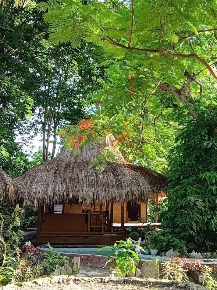 A traditional brown bungalow with a thick thatched roof is nestled among vibrant green trees and tropical plants, with hints of red flowers.