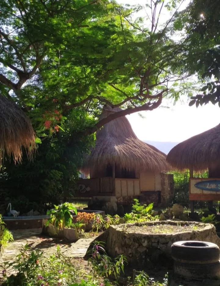 Traditional thatched-roof bungalows are nestled among lush green trees and a garden with stone planters under a bright sky.