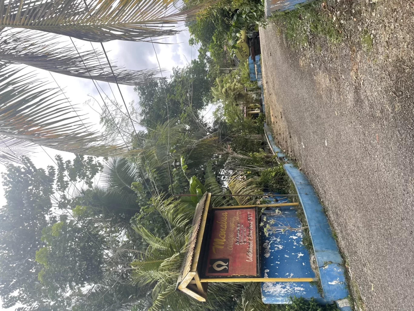 A narrow, paved road leads past a weathered blue wall and a red "Monalisa" sign, surrounded by dense green tropical trees under an overcast sky.