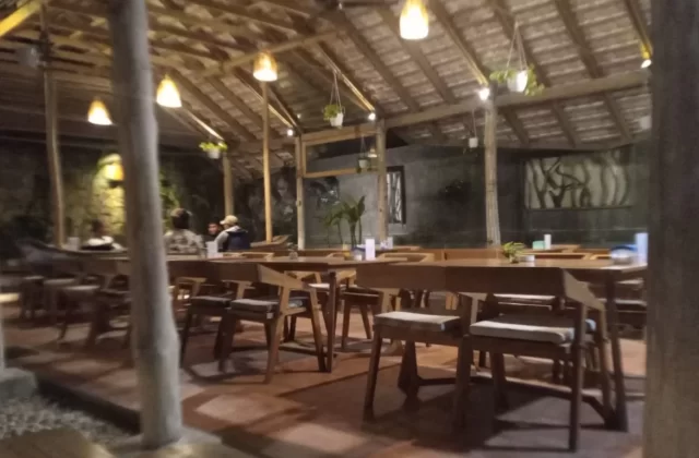 A dimly lit, open-air restaurant features a high thatched roof, wooden tables and chairs, and warm pendant lights. Several blurry patrons are seated, and hanging plants adorn the space.