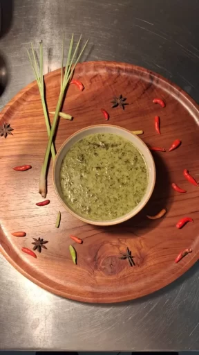 A bowl of green, creamy soup is centered on a round wooden tray, garnished with red chilies, star anise, and lemongrass on a metallic surface.
