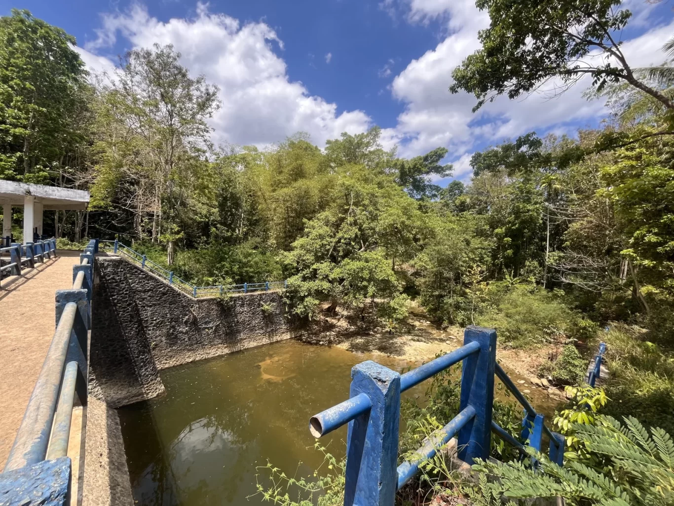 A view of Koritepe Dam in West Sumba, featuring murky brown water, a concrete walkway with blue railings, and dense green tropical foliage under a bright blue sky with white clouds.