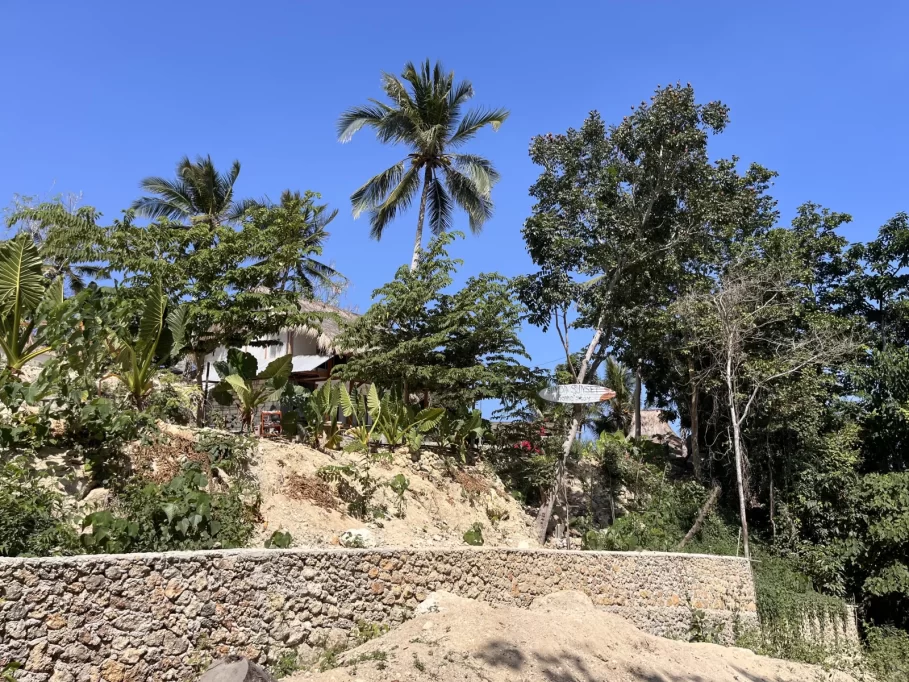 A thatched-roof homestay sits on a sandy hill, surrounded by green trees and palm trees, above a stone wall, under a clear blue sky.