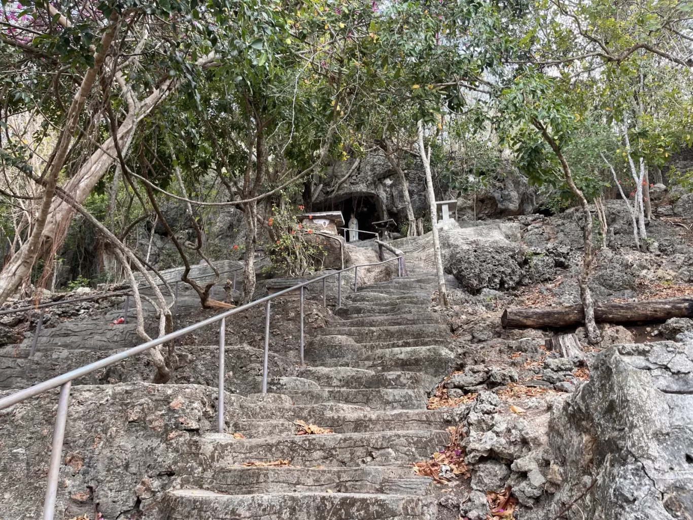 A winding stone staircase with metal handrails ascends a rocky, tree-covered hillside towards a grotto with a white statue.