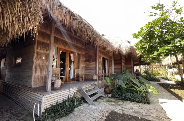 Traditional wooden bungalows with golden thatched roofs and private verandahs line a stone path, surrounded by lush green plants under a bright sky.