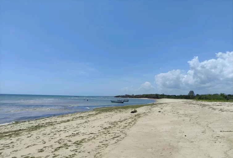 Katewel Beach features a wide sandy shore with green seaweed, calm blue ocean water, two small boats, and two people wading under a bright blue sky with white clouds.