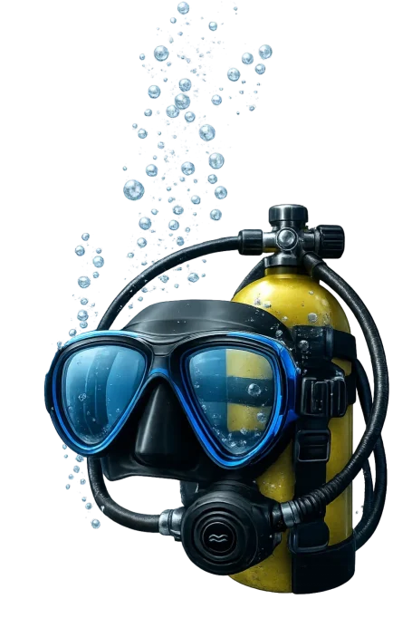 A black scuba mask with blue lenses and a regulator is attached to a yellow air tank, with numerous bubbles rising around them against a black background.