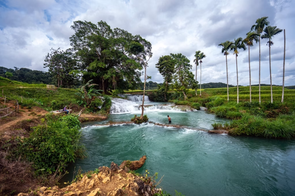 A man stands in a turquoise river with a multi-tiered waterfall, surrounded by lush green trees and a line of tall palm trees under a cloudy sky.