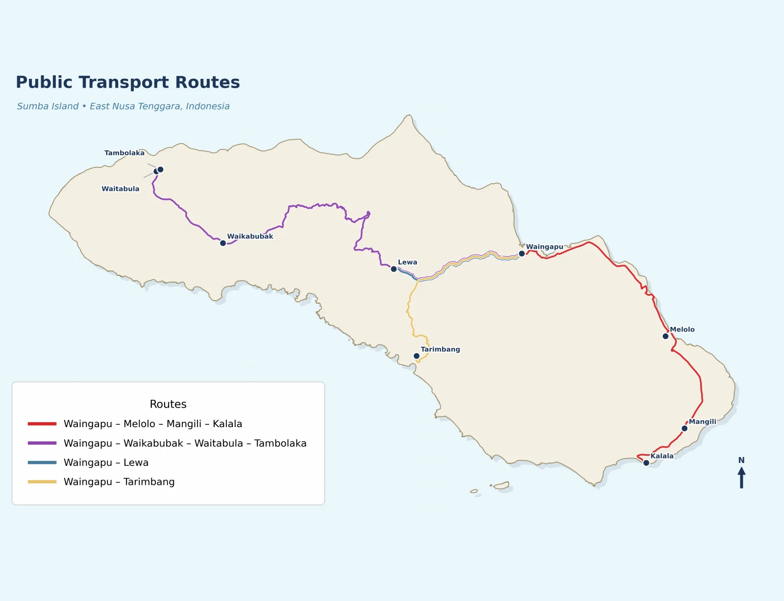 Map of Sumba Island, Indonesia, showing four public transport routes in red, purple, blue, and yellow, connecting towns.