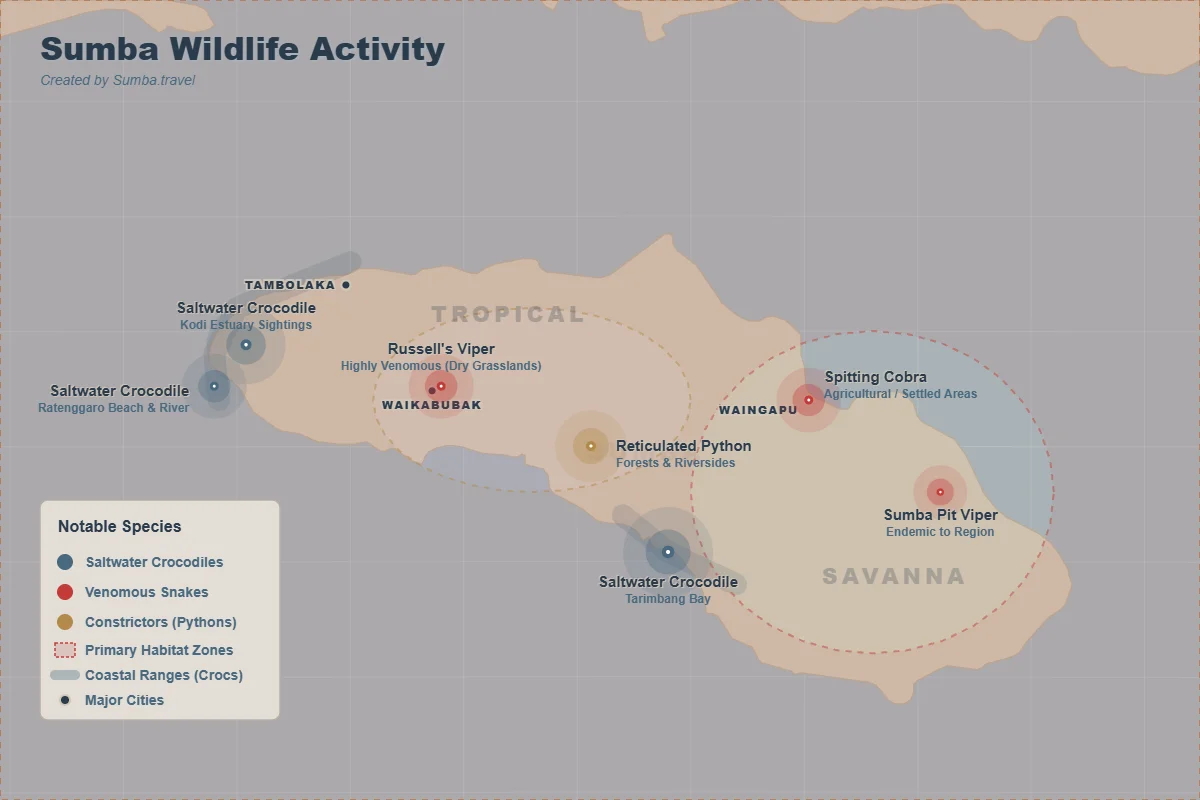 A map of Sumba Island, Indonesia, displays locations of saltwater crocodiles, venomous snakes, and pythons across tropical and savanna habitats.