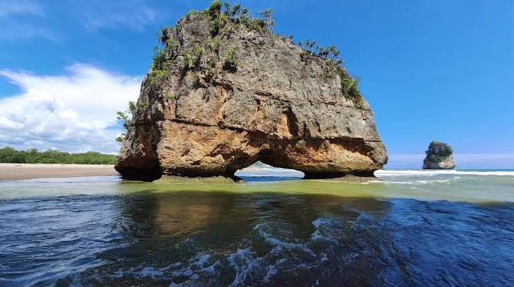A large, brown and grey rock formation with an archway stands in the green-blue ocean water, with a sandy beach and green trees under a bright blue sky.