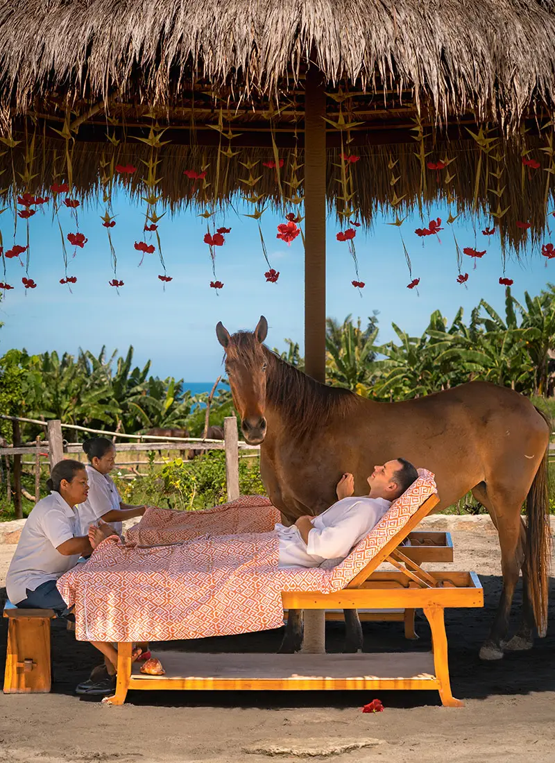 A man in a white robe receives a foot massage from a woman under a thatched roof decorated with red flowers, while a brown horse stands nearby, with lush greenery and ocean in the background.