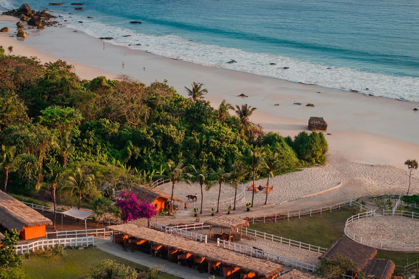An elevated view shows orange-roofed stables and a sandy horse arena nestled among lush green trees beside a white sand beach and turquoise ocean.