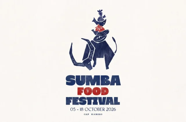 A stylized blue water buffalo with stacked red and blue food items on its back forms a logo above "SUMBA FOOD FESTIVAL" text on an off-white background.