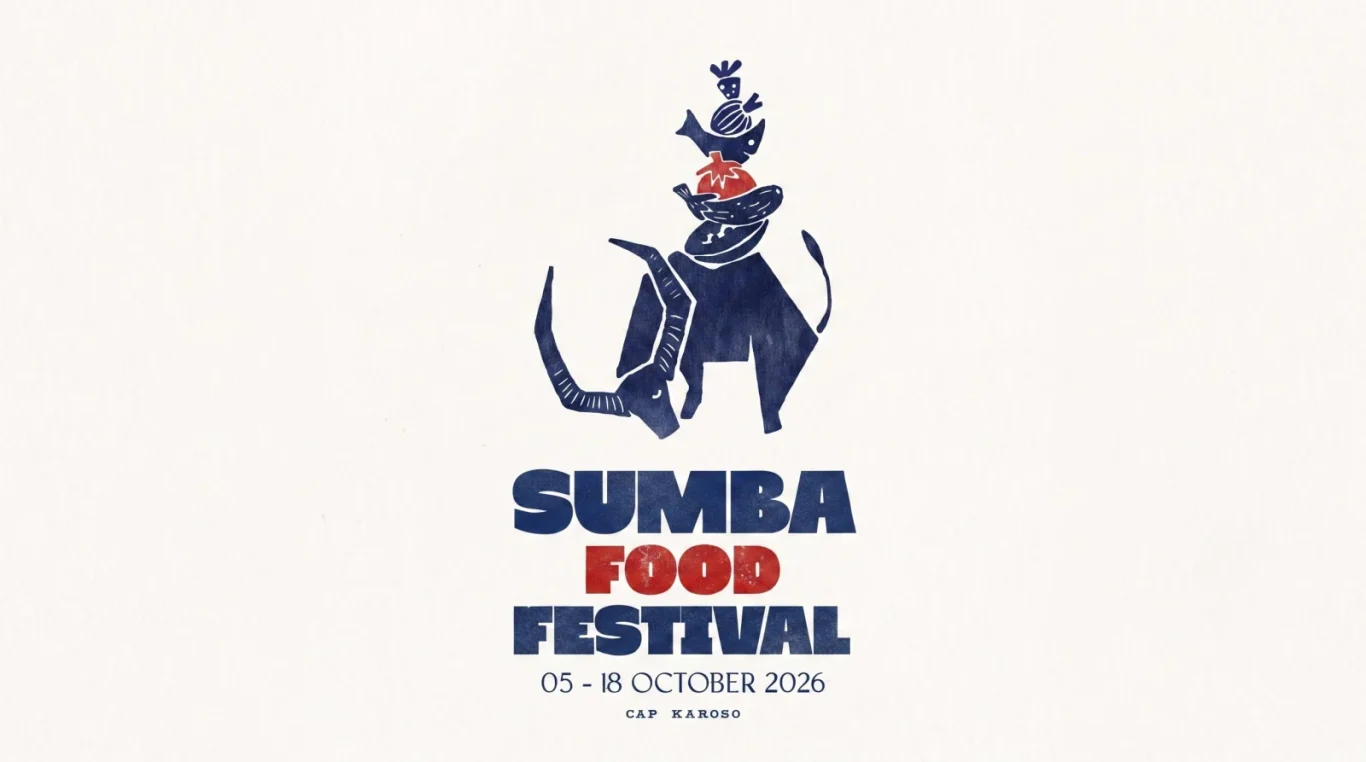 A stylized blue water buffalo with stacked red and blue food items on its back forms a logo above "SUMBA FOOD FESTIVAL" text on an off-white background.