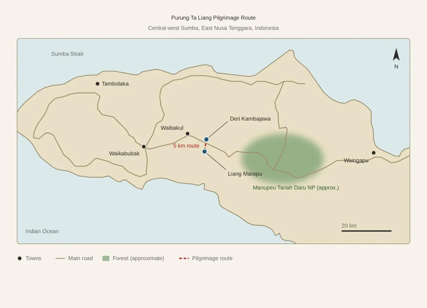 A beige and light blue map of Sumba Island, Indonesia, details the Purung Ta Liang Pilgrimage Route, towns, main roads, and a forest area.