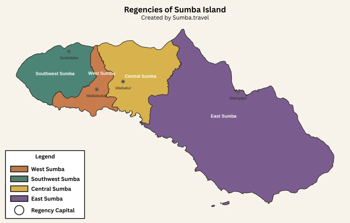 A map of Sumba Island, Indonesia, showing its four regencies: West, Southwest, Central, and East Sumba, each in a distinct color with their capitals marked.