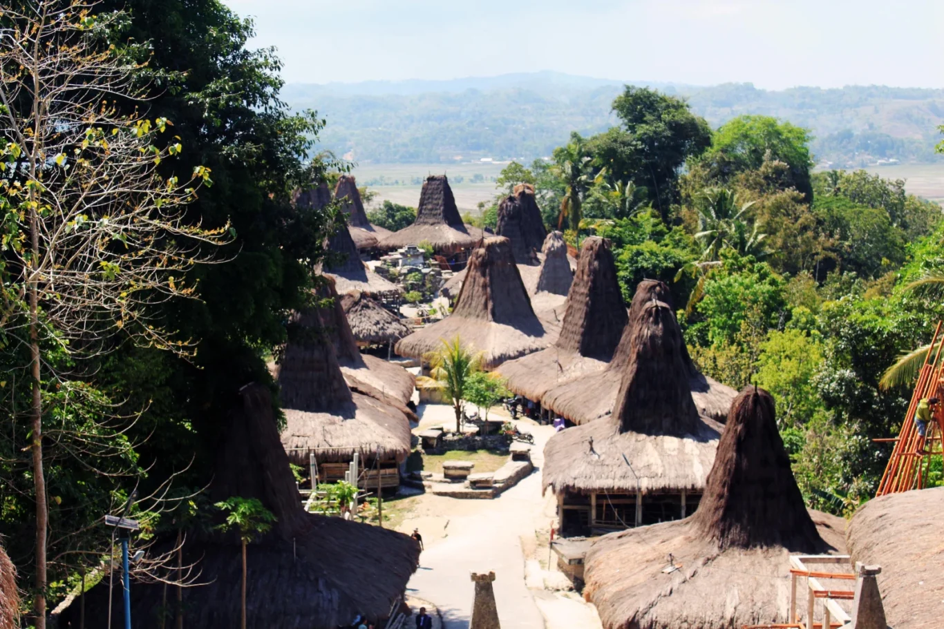 An elevated view shows a traditional village with numerous houses featuring tall, conical thatched roofs, surrounded by green trees and distant hills.