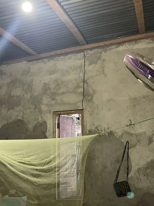 A simple room interior features a cracked concrete wall, an open doorway, a light green mosquito net, a corrugated metal roof, and a purple fan.