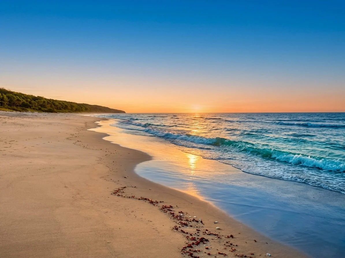 A wide sandy beach curves along a blue-green ocean with gentle waves under a clear sky, as the golden sun sets on the horizon, reflecting on the water and wet sand.
